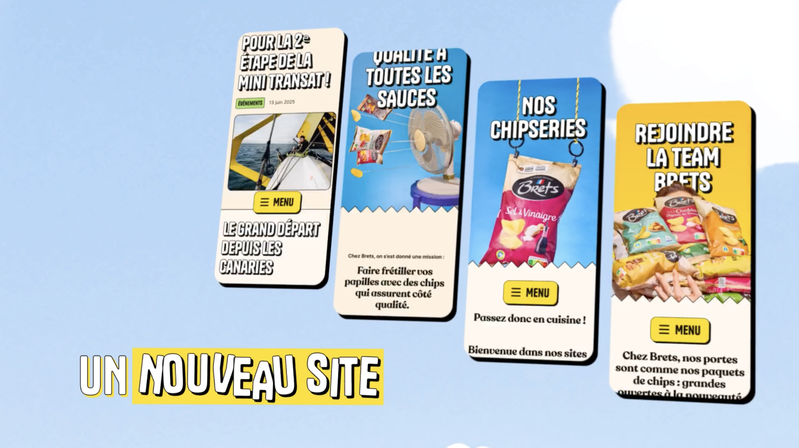 L'image présente plusieurs cartes d'information concernant un nouveau site sur les chips Brets, le tout sur un fond bleu.